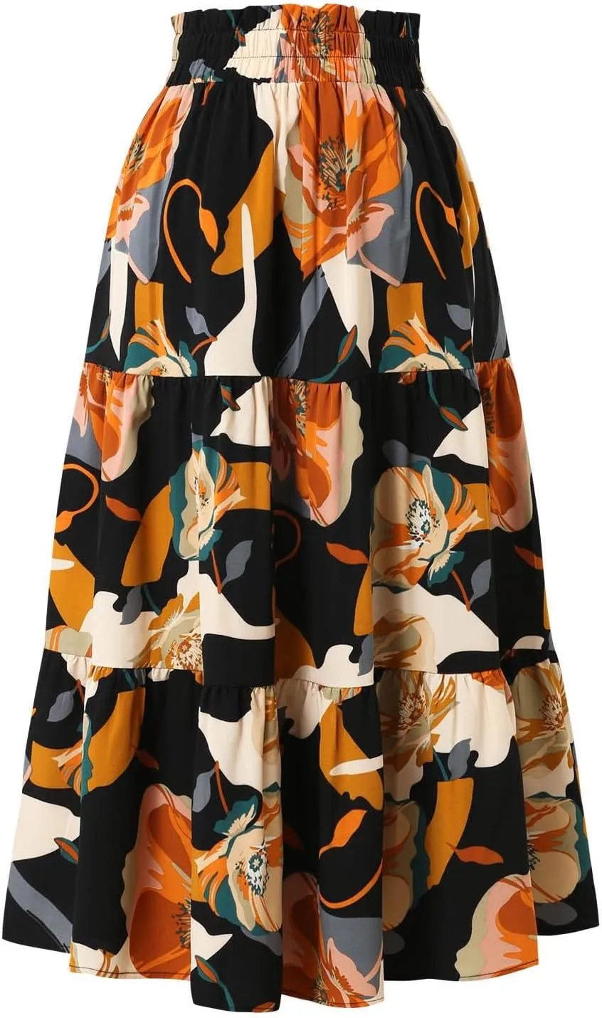 Maxi Skirts for Women Summer Floral Pleated Tiered Boho Flowy Elastic Waist A-Line Spring Beach Vacation Long Skirt