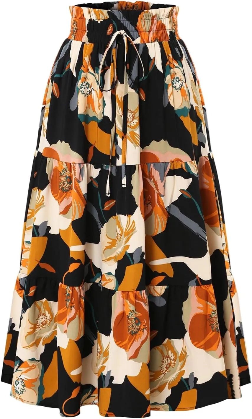 Maxi Skirts for Women Summer Floral Pleated Tiered Boho Flowy Elastic Waist A-Line Spring Beach Vacation Long Skirt