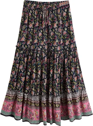 Milumia Women Boho Vintage Floral Print Long Skirt Summer Tiered Maxi Skirt