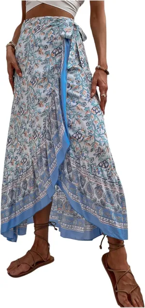 Milumia Women's Floral Printed Wrap Maxi Skirt Boho High Waist Ruffle Hem Long Skirts