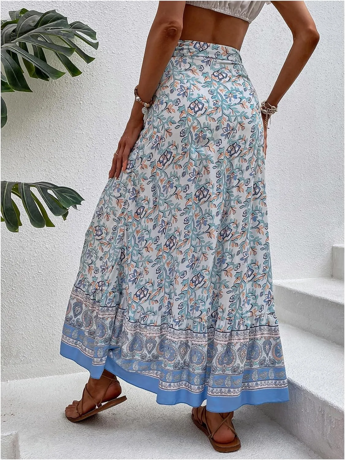 Milumia Women's Floral Printed Wrap Maxi Skirt Boho High Waist Ruffle Hem Long Skirts