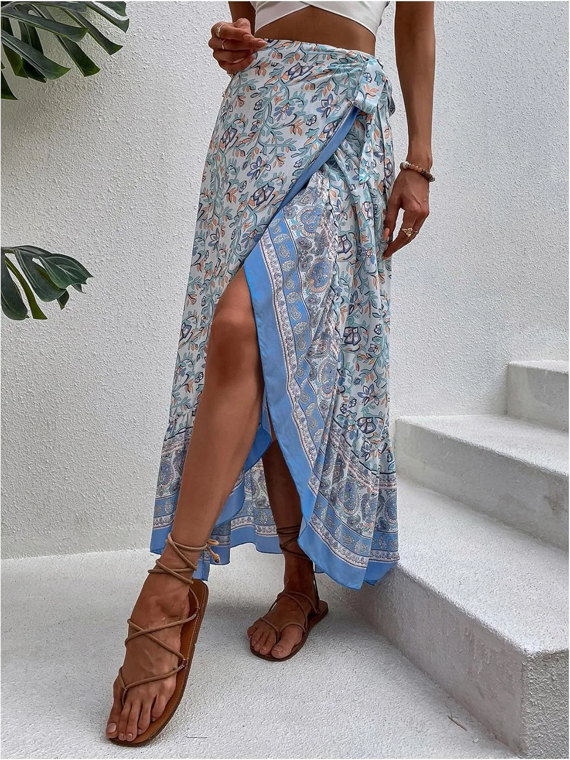 Milumia Women's Floral Printed Wrap Maxi Skirt Boho High Waist Ruffle Hem Long Skirts