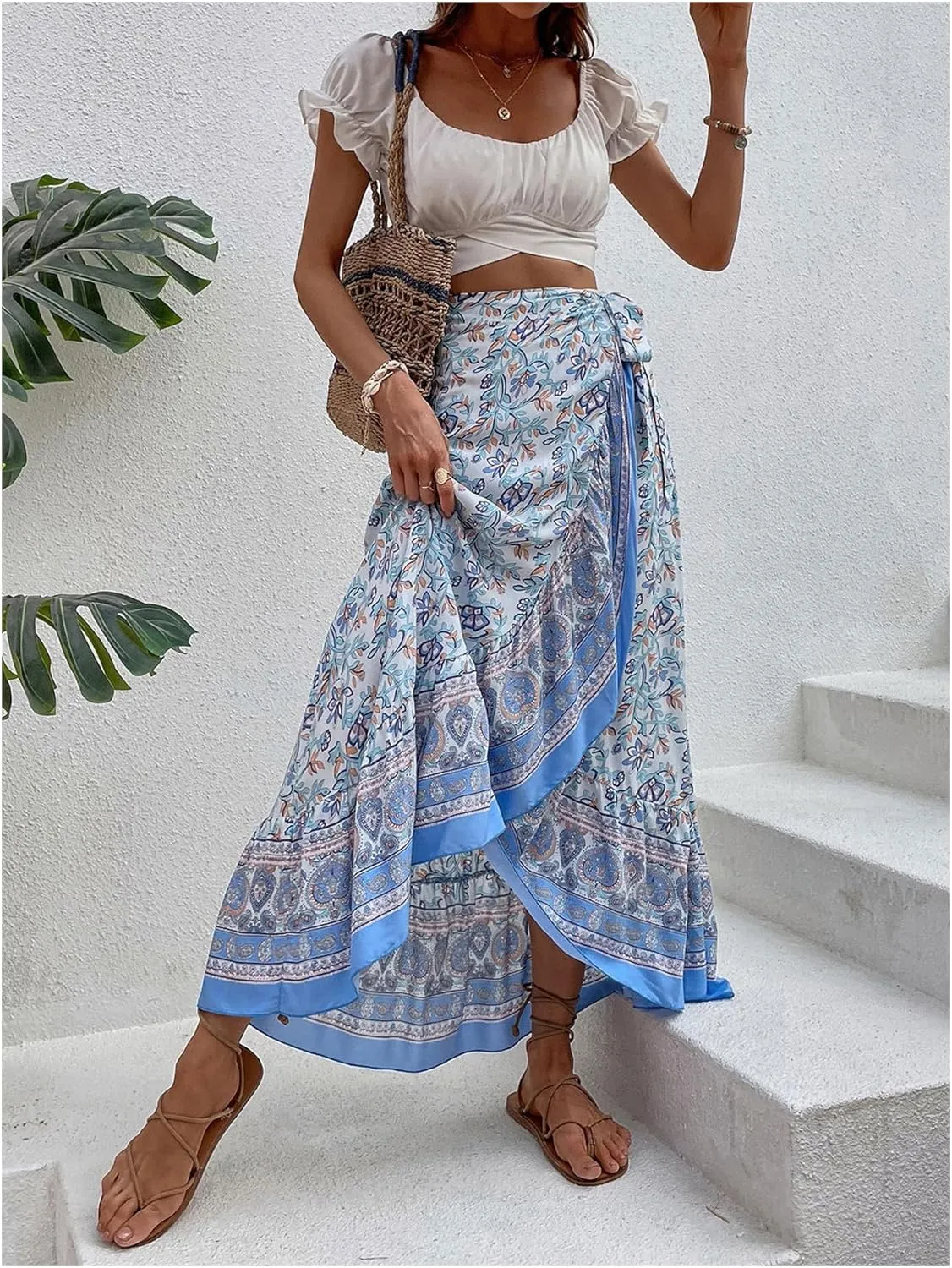 Milumia Women's Floral Printed Wrap Maxi Skirt Boho High Waist Ruffle Hem Long Skirts