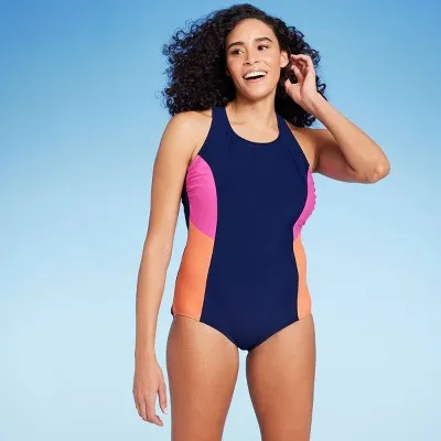 New - Lands' End Women's High Neck One Piece Swimsuit Sporty UPF 50  Swimwear