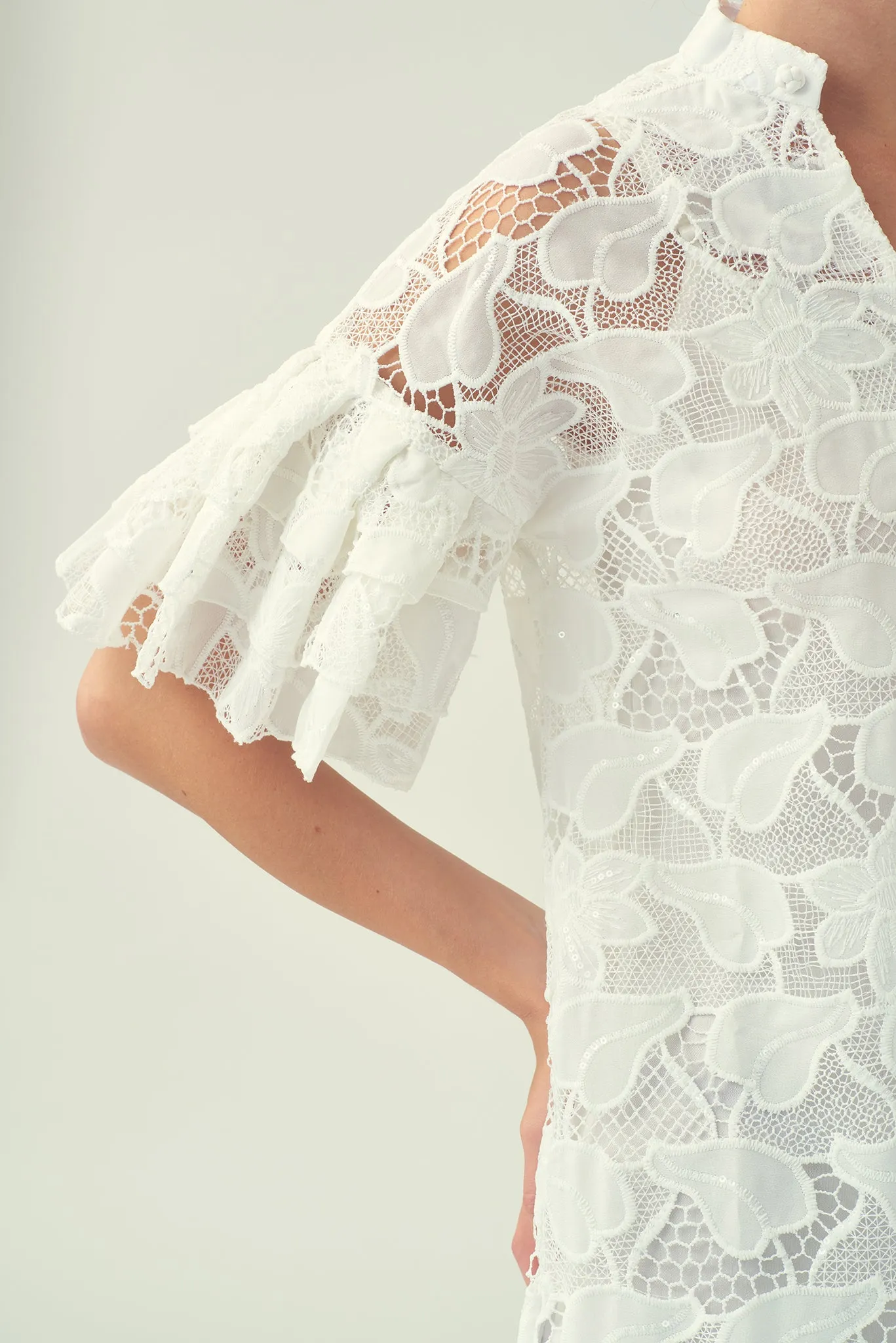 NIKI Layered Drop Slv Open-Neck Dress (White)