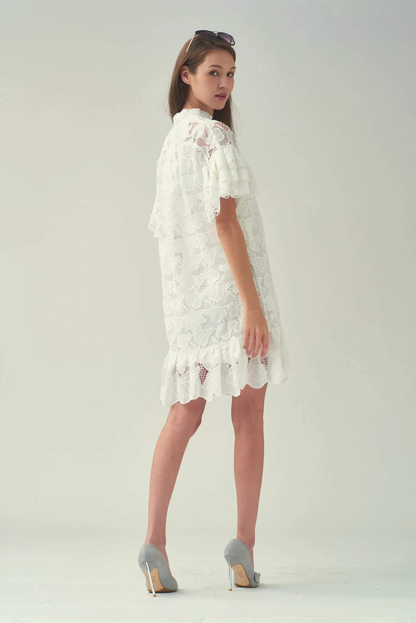 NIKI Layered Drop Slv Open-Neck Dress (White)