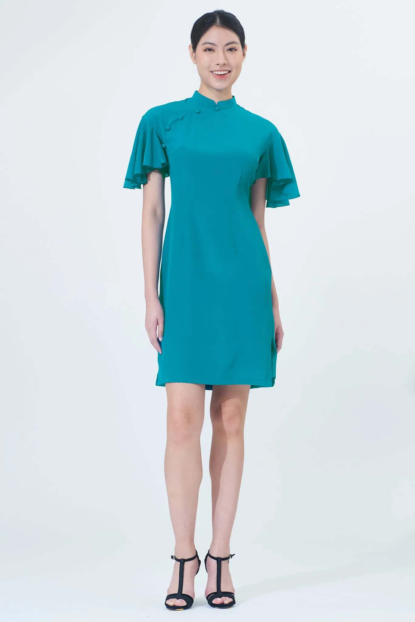 NINA Ruffled Drop Slv Silk Cheongsam (Teal)
