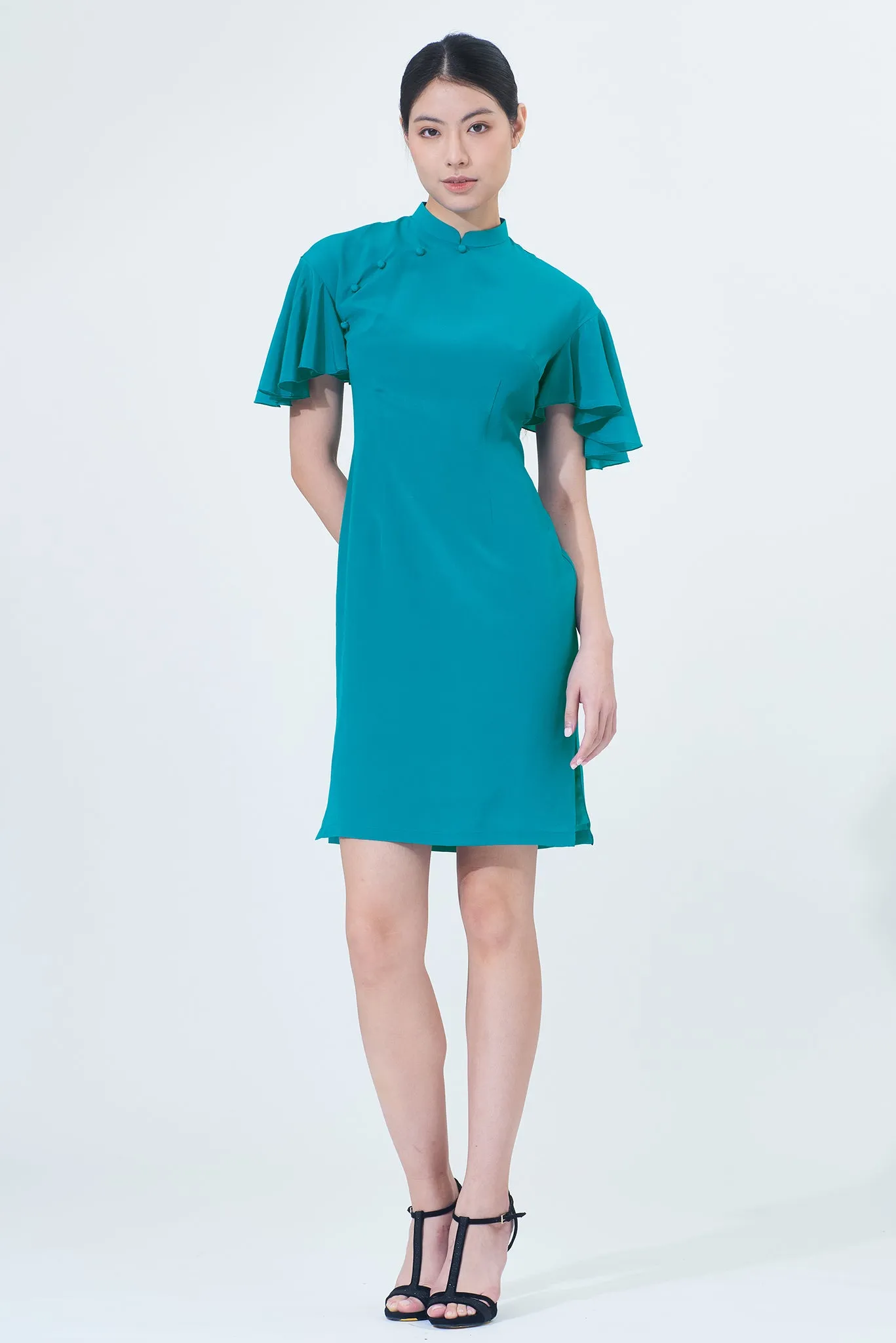 NINA Ruffled Drop Slv Silk Cheongsam (Teal)