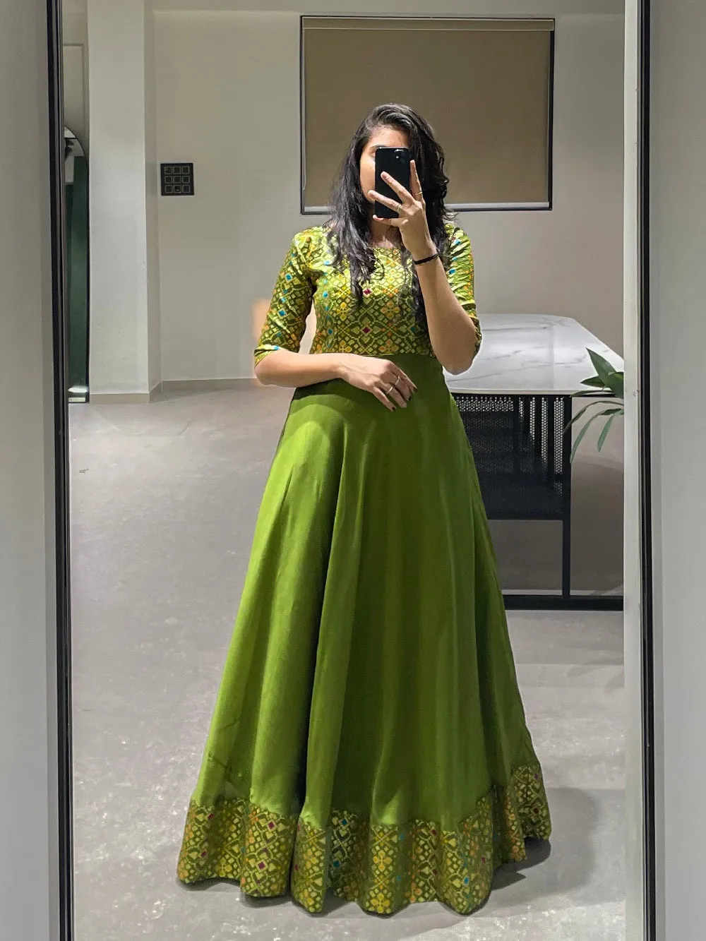 Parrot Color Weaving Zari Work rangoli Silk Gown
