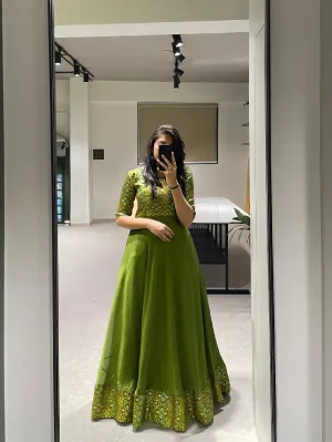 Parrot Color Weaving Zari Work rangoli Silk Gown