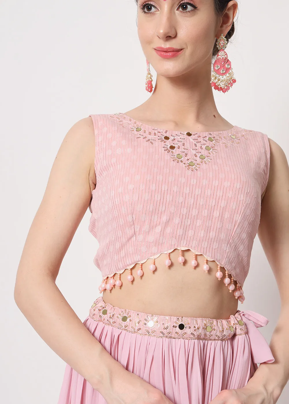 Party Wear Beauteous Pink Georgette Crushed Lehenga Choli