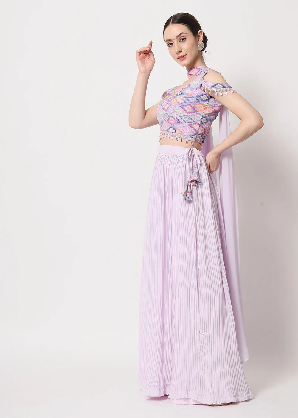 Party Wear Engaging Lavender Georgette Crushed Lehenga Choli