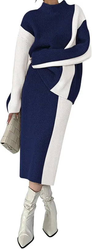Pink Queen Women's 2 Piece Outfits 2024 Fall Winter Sweater Skirt Set Long Sleeve Oversized Top High Waist Color Block Dress