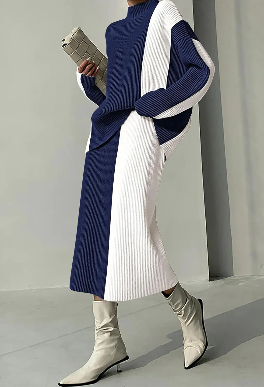 Pink Queen Women's 2 Piece Outfits 2024 Fall Winter Sweater Skirt Set Long Sleeve Oversized Top High Waist Color Block Dress