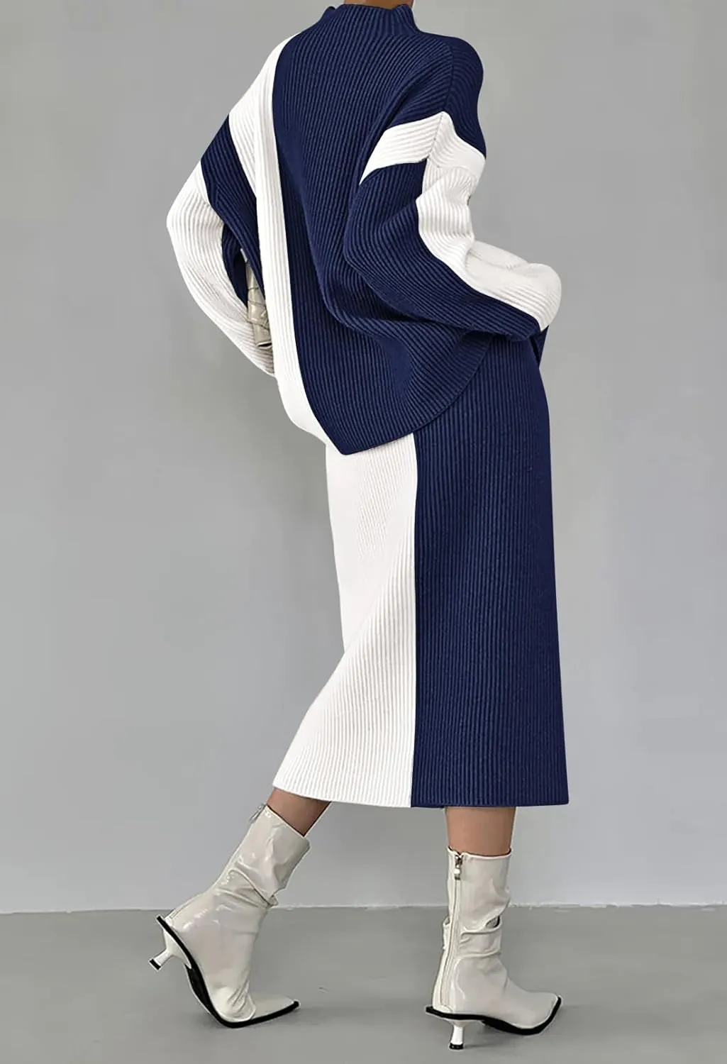 Pink Queen Women's 2 Piece Outfits 2024 Fall Winter Sweater Skirt Set Long Sleeve Oversized Top High Waist Color Block Dress