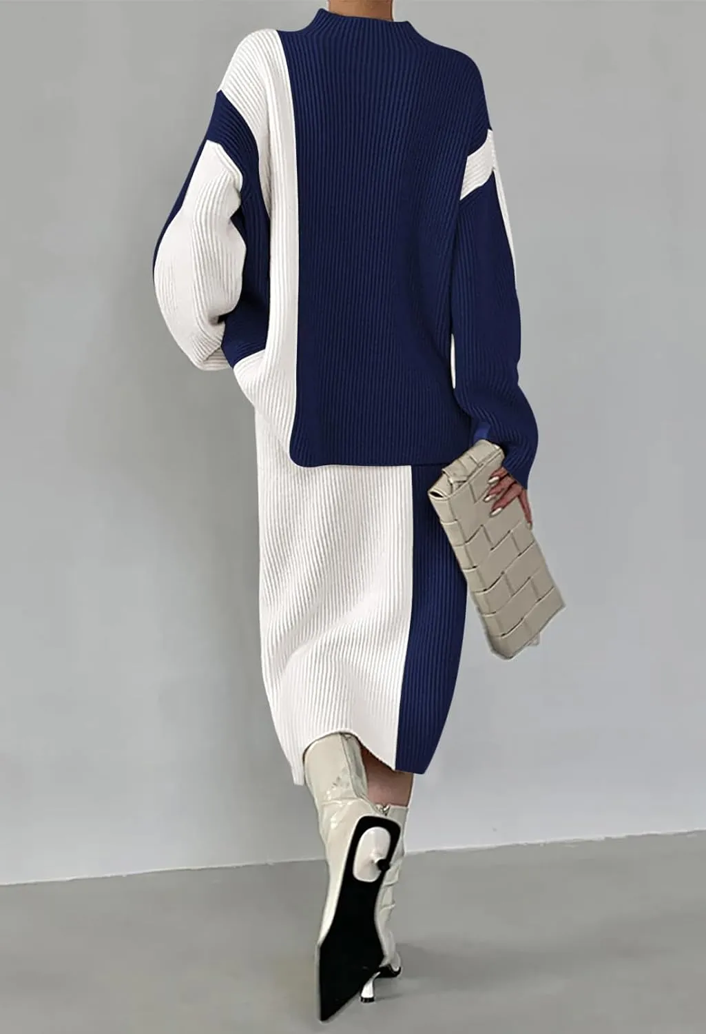 Pink Queen Women's 2 Piece Outfits 2024 Fall Winter Sweater Skirt Set Long Sleeve Oversized Top High Waist Color Block Dress