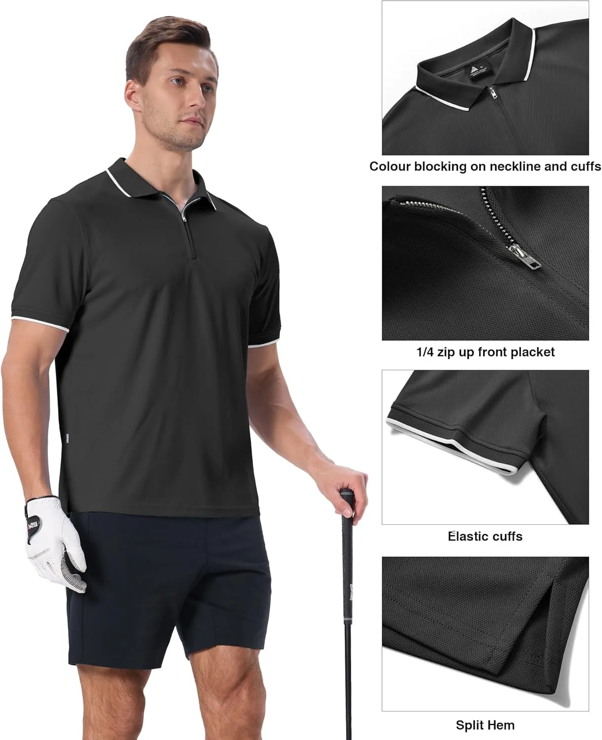 Polo Shirts for Men Zipper Moisture Wicking Golf Shirts Short Sleeve Casual Quarter Zip Polo T Shirt