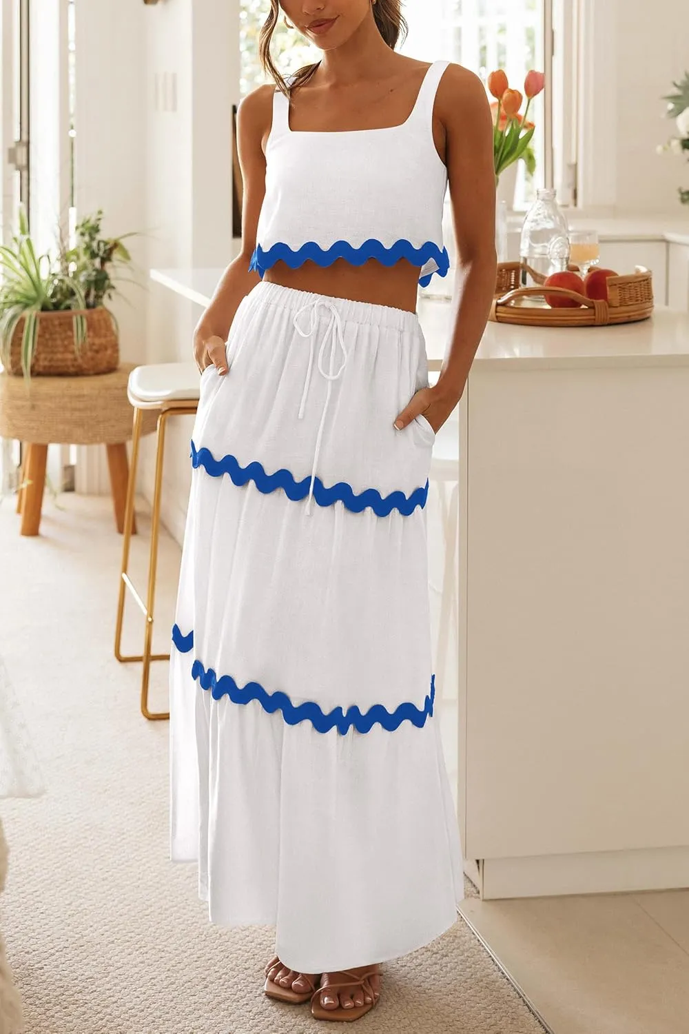 PRETTYGARDEN Women's Summer 2 Piece Beach Outfit Casual Sleeveless Cropped Tank Top High Waisted Maxi Skirt Set