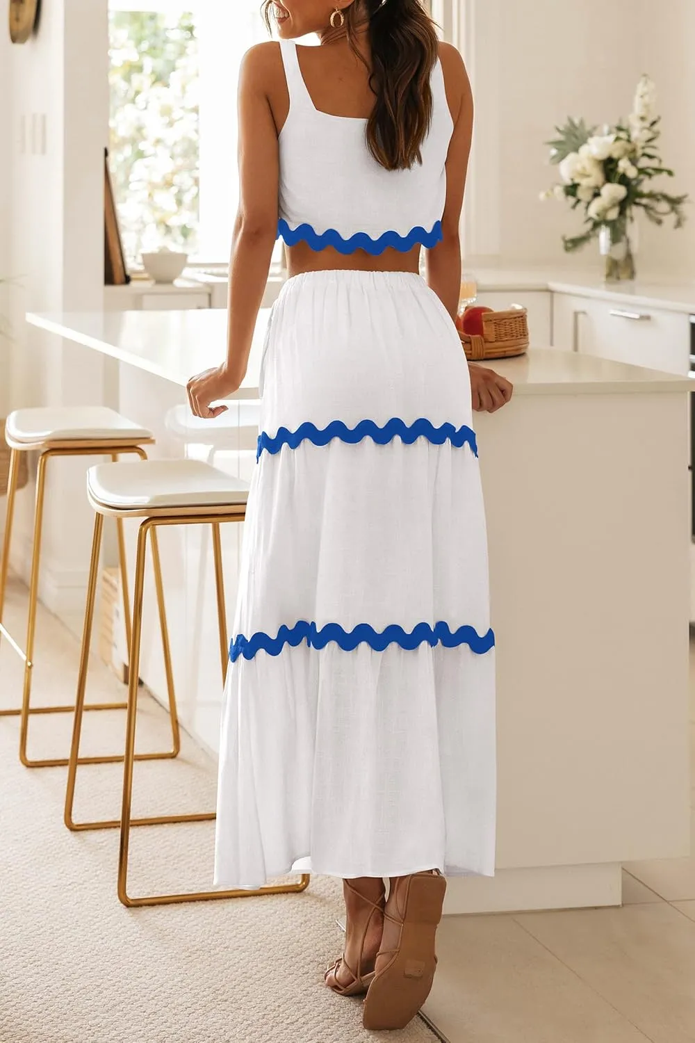 PRETTYGARDEN Women's Summer 2 Piece Beach Outfit Casual Sleeveless Cropped Tank Top High Waisted Maxi Skirt Set