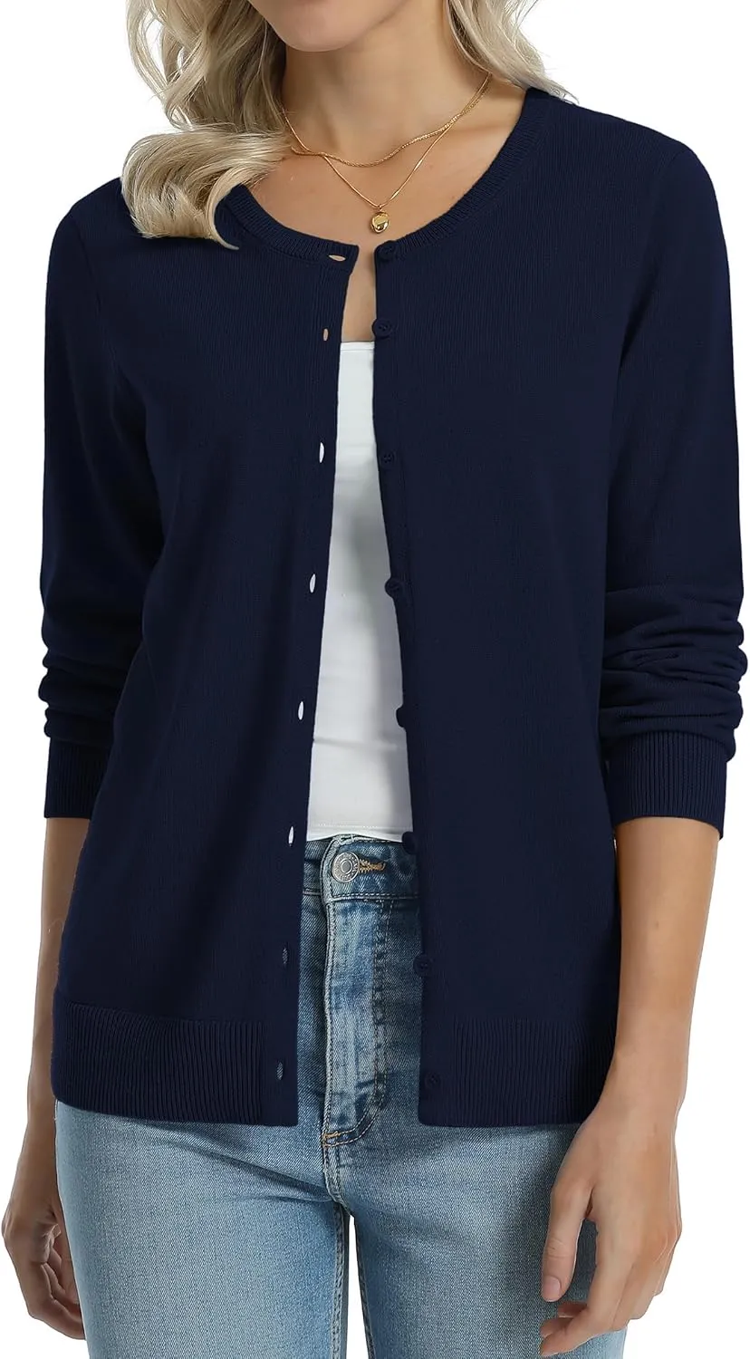 QUALFORT Women's 100% Cotton Lightweight Cardigans Long Sleeve Knitted Button Down Sweater