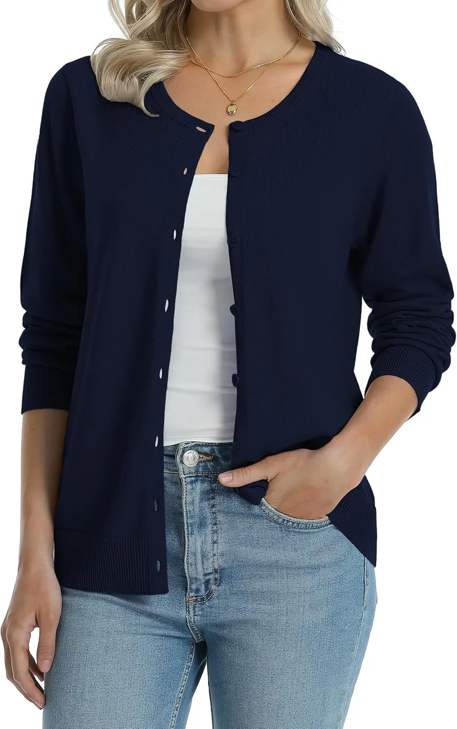 QUALFORT Women's 100% Cotton Lightweight Cardigans Long Sleeve Knitted Button Down Sweater