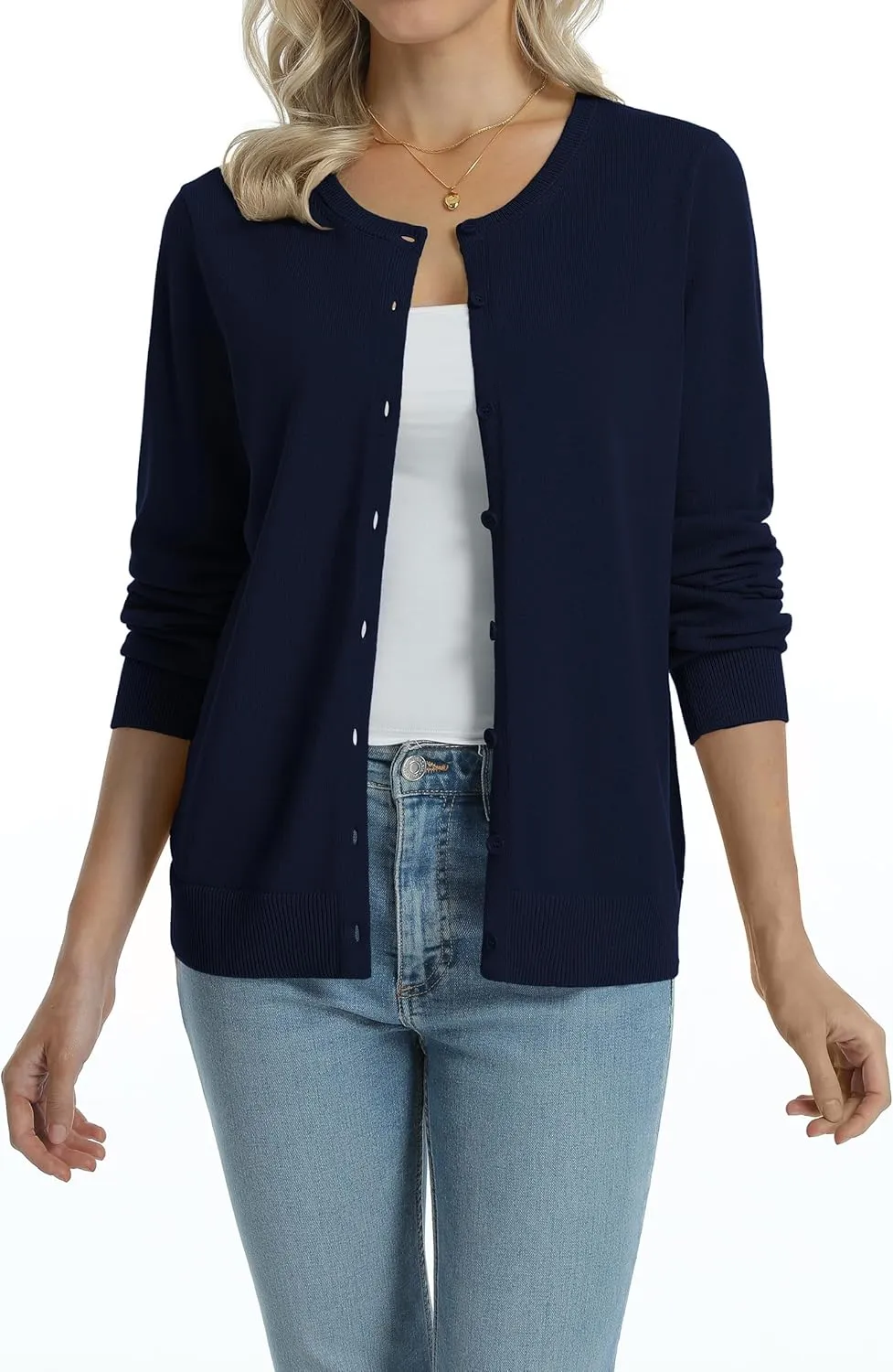 QUALFORT Women's 100% Cotton Lightweight Cardigans Long Sleeve Knitted Button Down Sweater
