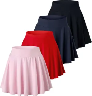 Real Essentials 4 Pack: Women's Basic Casual Stretchy Mini Skirt - Skater A-Line Flowy Flared (Available in Plus Size)
