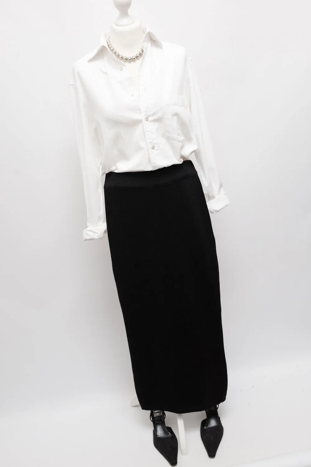 RIB KNIT BLACK LONG VINTAGE SKIRT