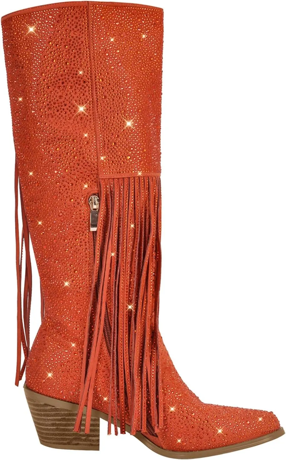 Richealnana Calf High Knee High Boots for Women Sparkle Rhinestones Clear Gems Shining Comfortable Tabs Pull-On Boots Fringe Tassel