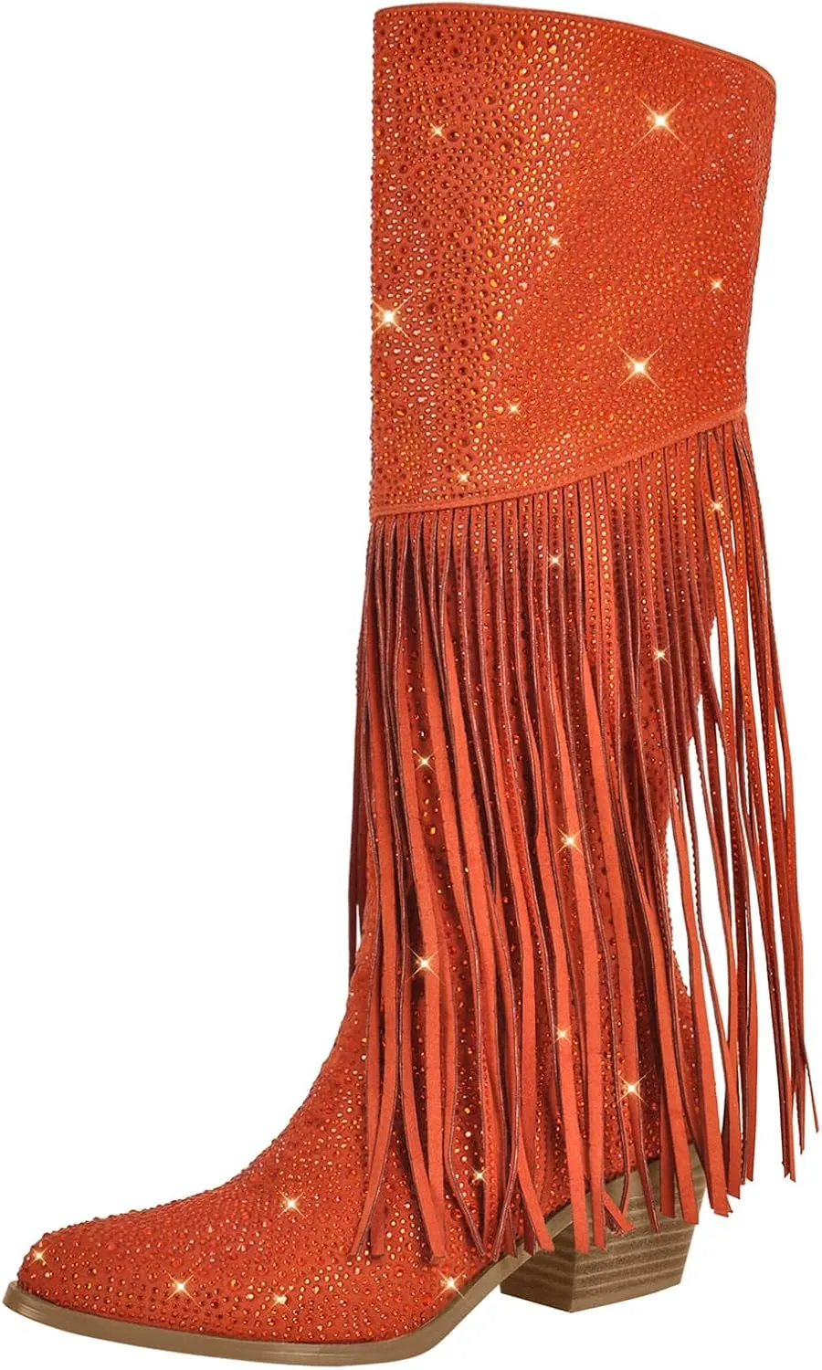 Richealnana Calf High Knee High Boots for Women Sparkle Rhinestones Clear Gems Shining Comfortable Tabs Pull-On Boots Fringe Tassel