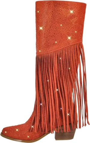 Richealnana Calf High Knee High Boots for Women Sparkle Rhinestones Clear Gems Shining Comfortable Tabs Pull-On Boots Fringe Tassel