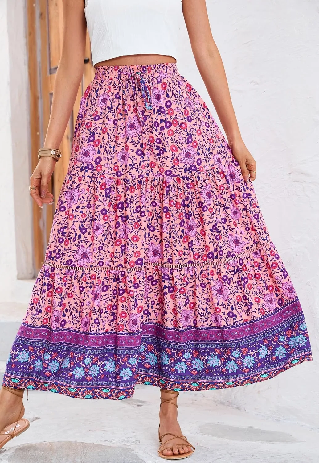 R.Vivimos Womens Summer Cotton Vintage Floral Print Boho Casual Ruffled Flowy Maxi Skirt