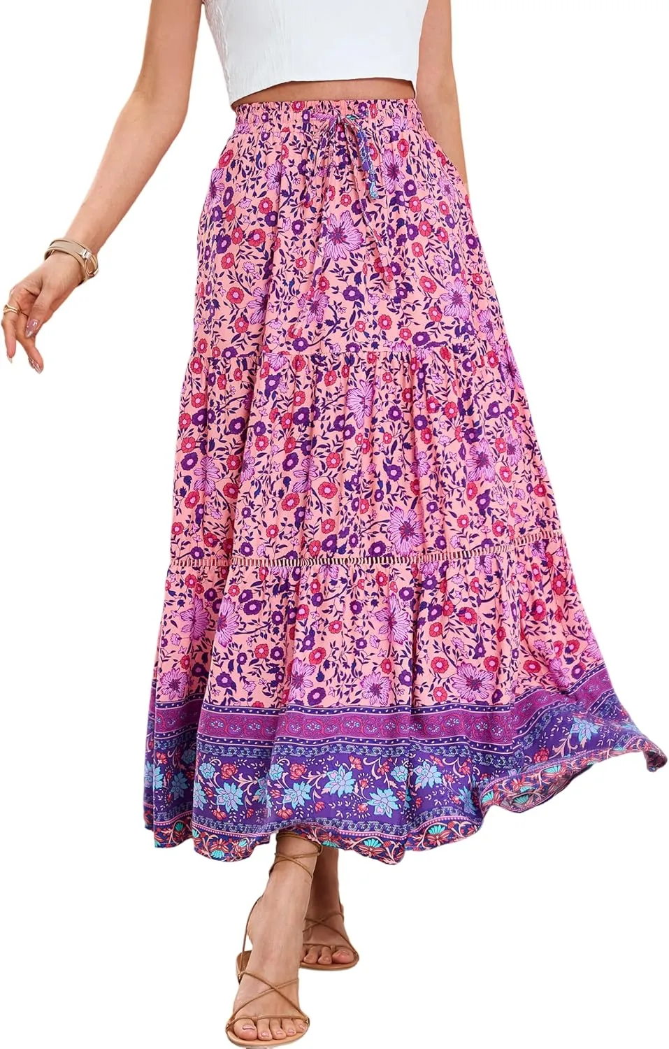 R.Vivimos Womens Summer Cotton Vintage Floral Print Boho Casual Ruffled Flowy Maxi Skirt