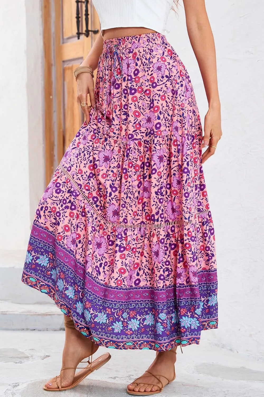 R.Vivimos Womens Summer Cotton Vintage Floral Print Boho Casual Ruffled Flowy Maxi Skirt