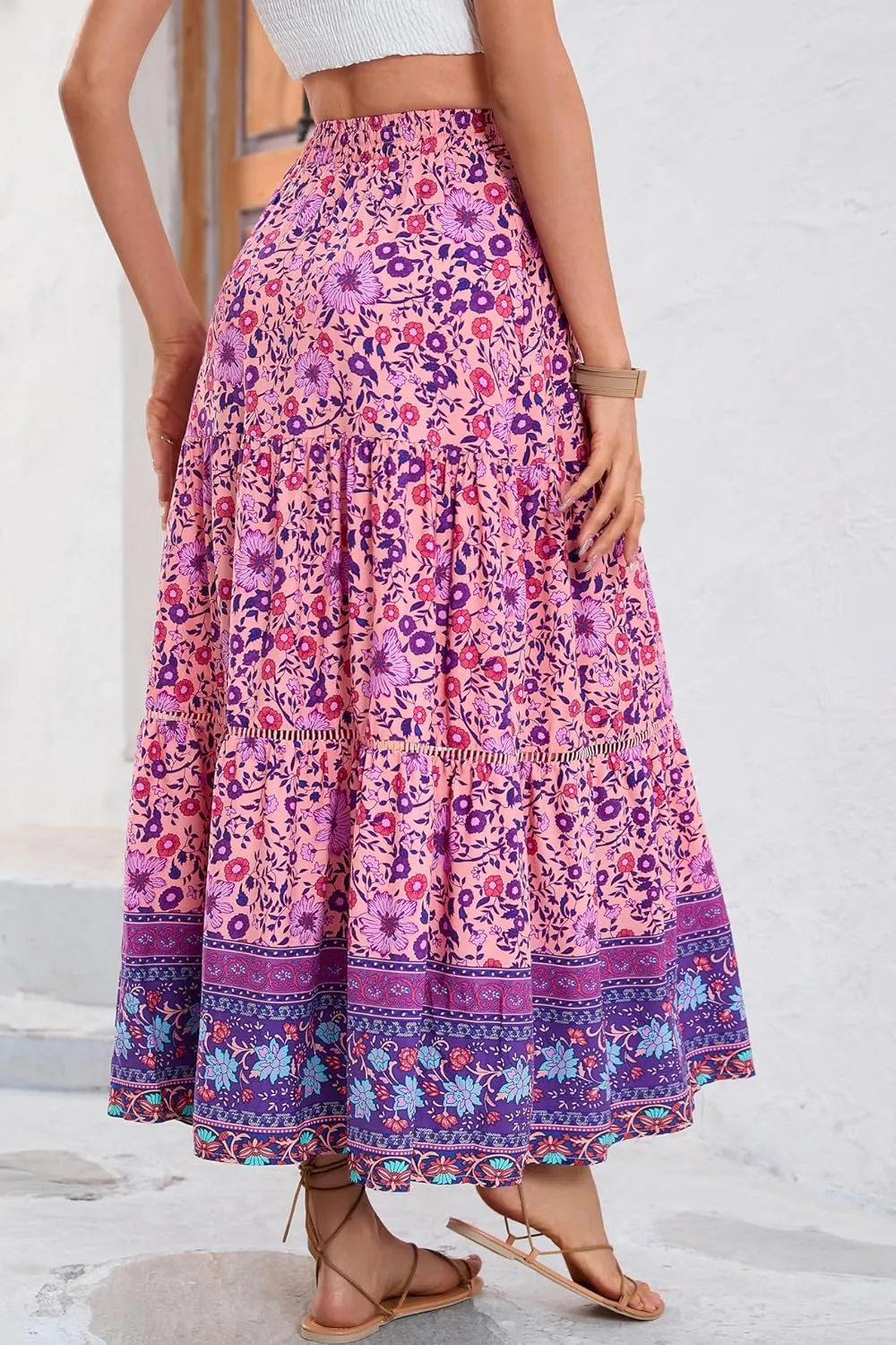 R.Vivimos Womens Summer Cotton Vintage Floral Print Boho Casual Ruffled Flowy Maxi Skirt