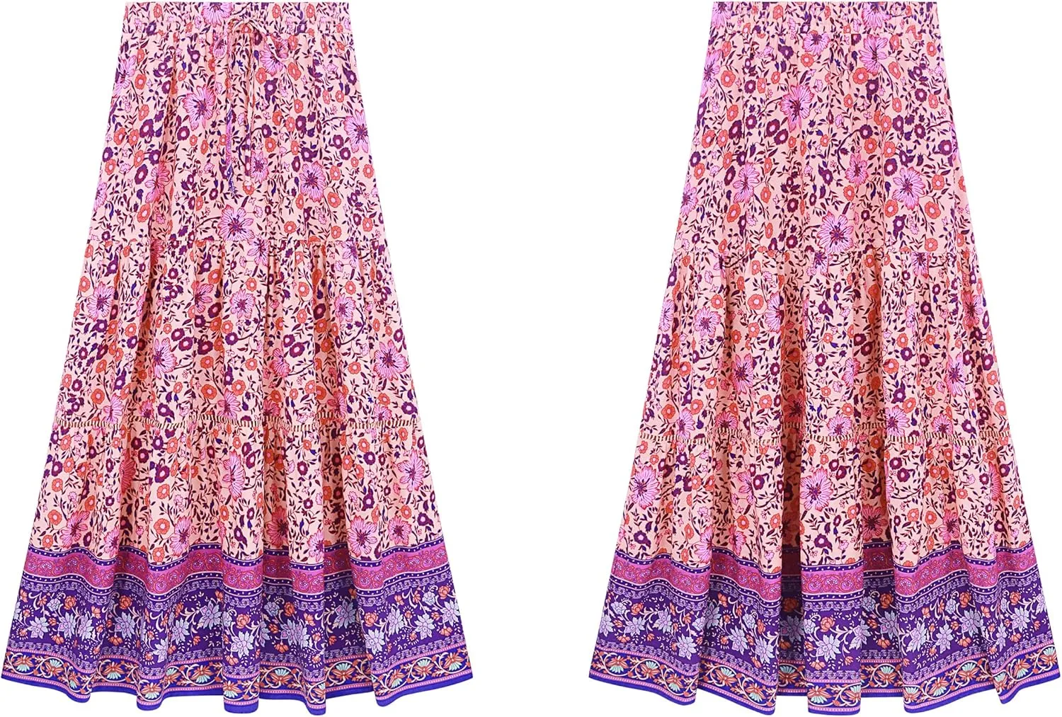 R.Vivimos Womens Summer Cotton Vintage Floral Print Boho Casual Ruffled Flowy Maxi Skirt