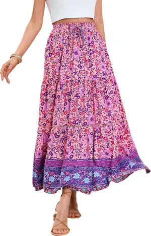 R.Vivimos Womens Summer Cotton Vintage Floral Print Boho Casual Ruffled Flowy Maxi Skirt