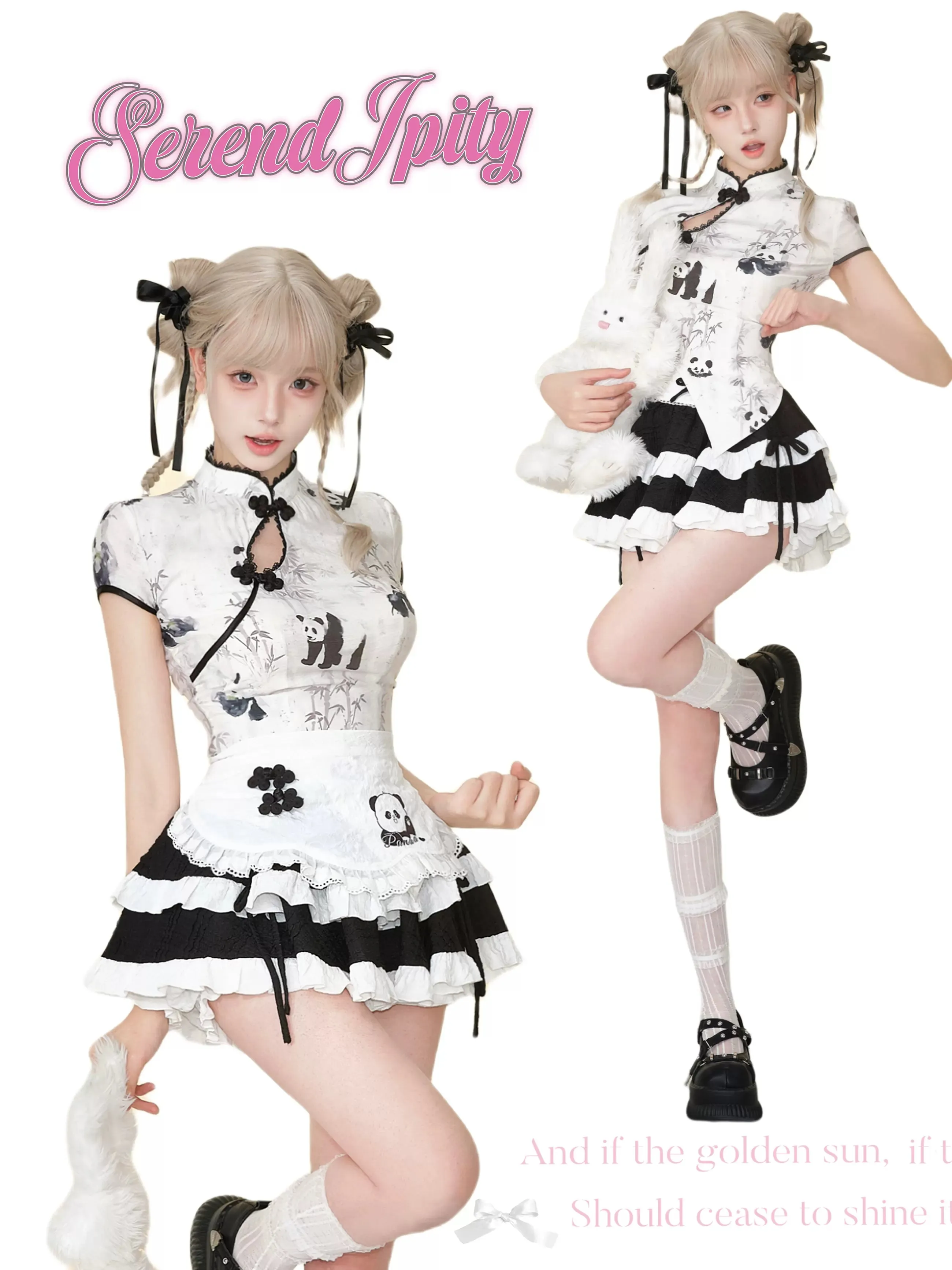 Serendipity Chinese Panda Black White Hanfu Top & Ruffle Skirt Apron Two Piece Set