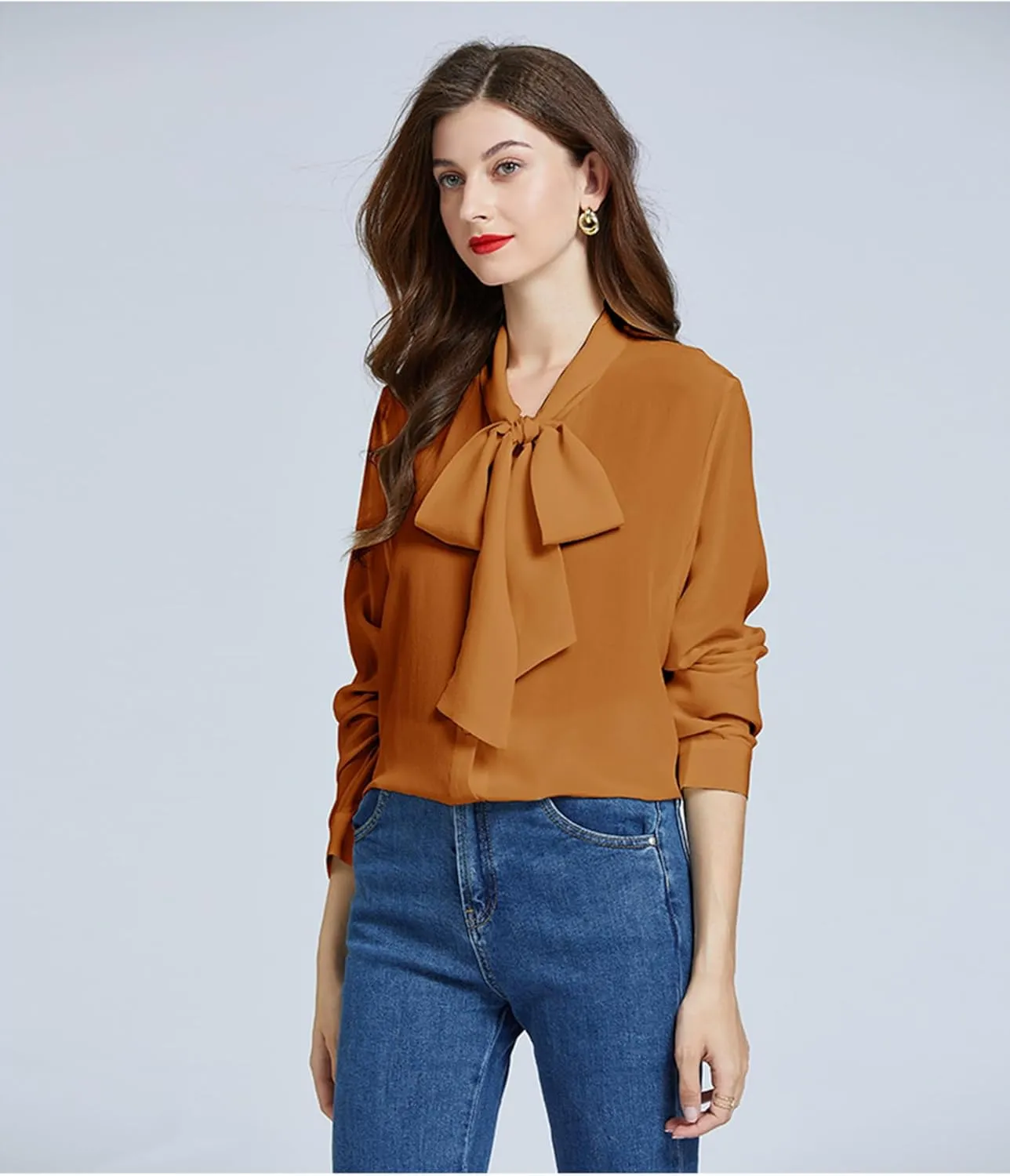Silk Shirts for Women,100% 18 Mommy Pure Silk Button Down Long Sleeve Casual Office Work Blouse Bow Tie with Ribbon Tops