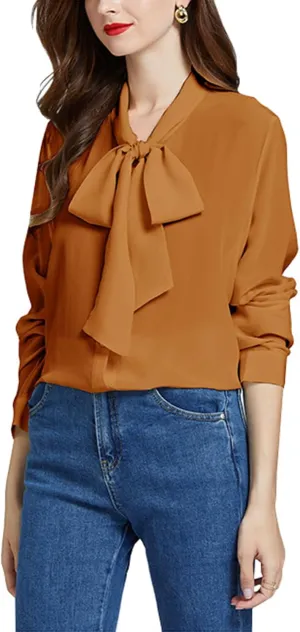 Silk Shirts for Women,100% 18 Mommy Pure Silk Button Down Long Sleeve Casual Office Work Blouse Bow Tie with Ribbon Tops