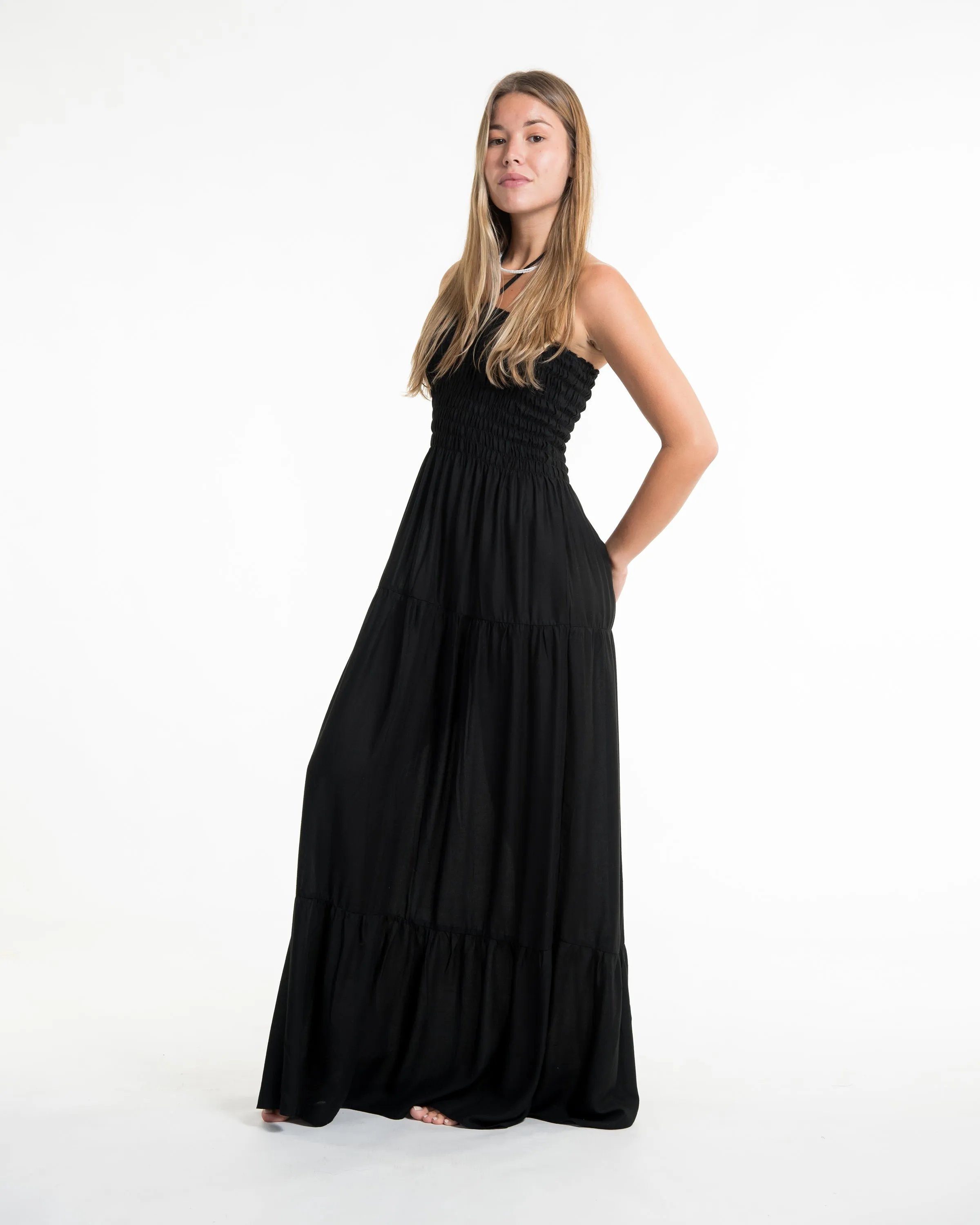 Solid Color Smocked Maxi Dress in Black