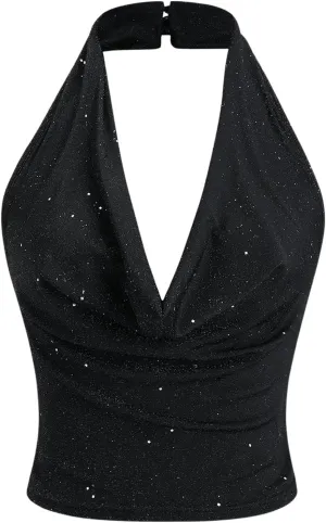 SOLY HUX Women's Halter Top Sparkly Sexy Backless Party Crop Tops Club Rave Festival Outfits Black