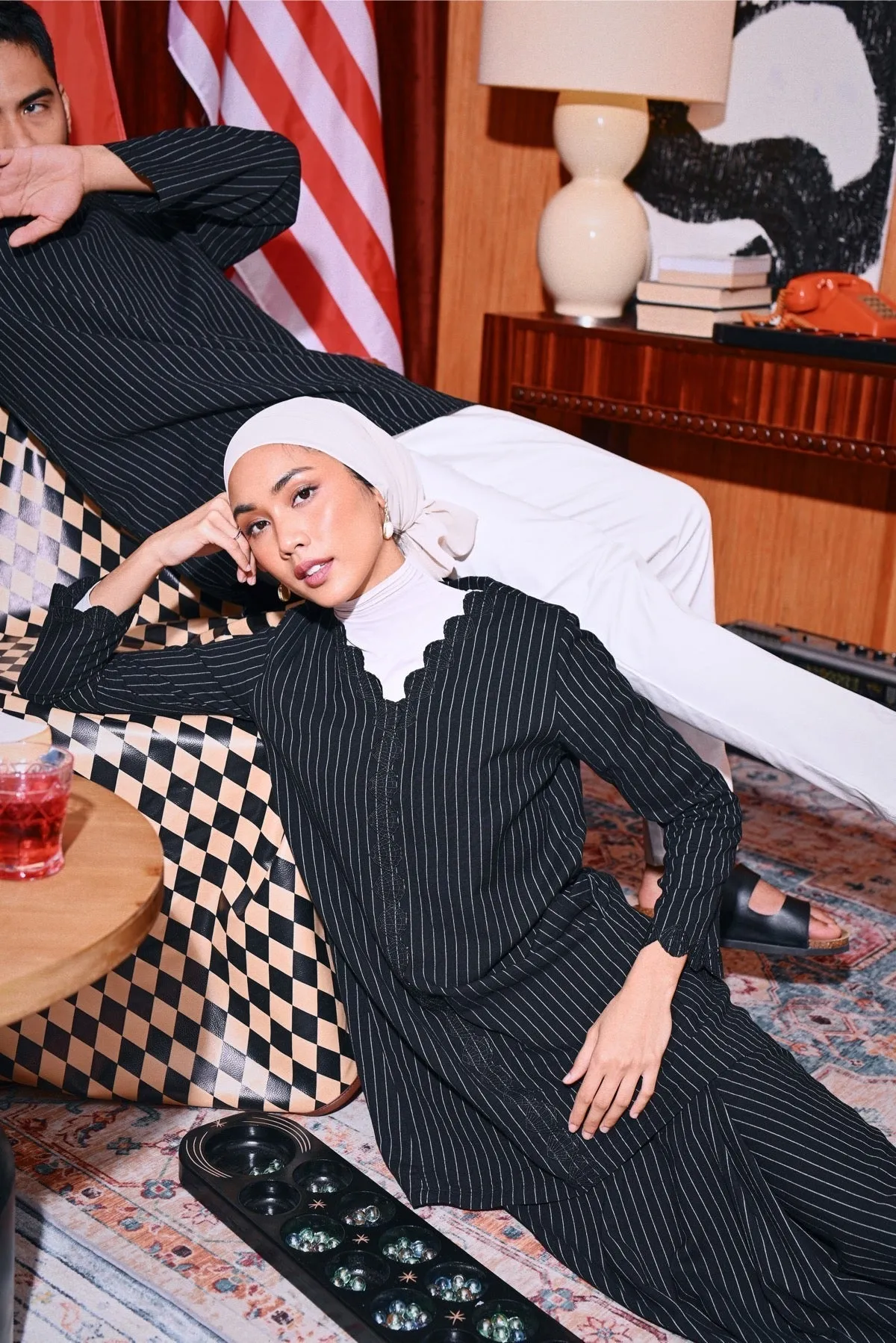 The Congkak Women Folded Skirt - Black Stripe