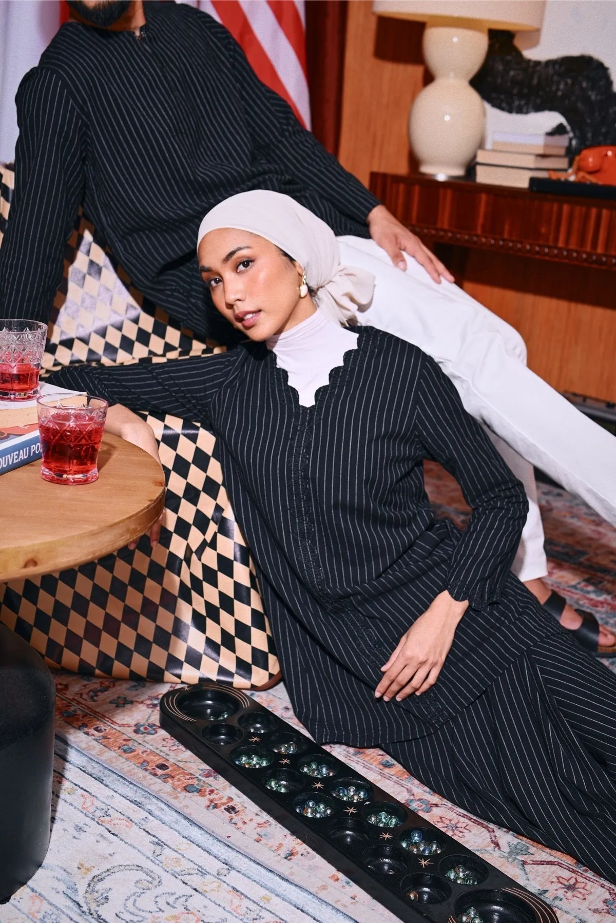 The Congkak Women Folded Skirt - Black Stripe