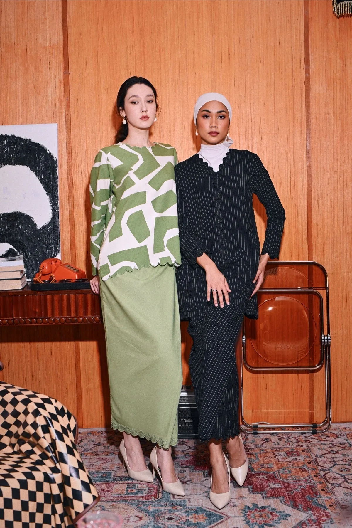 The Congkak Women Folded Skirt - Black Stripe