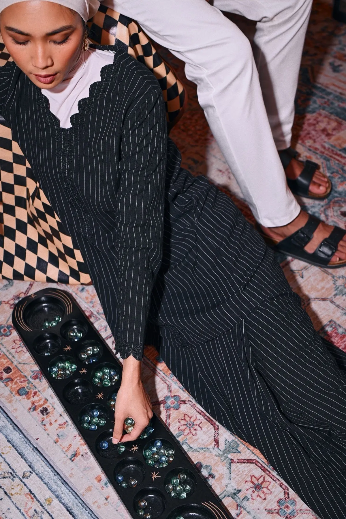 The Congkak Women Folded Skirt - Black Stripe
