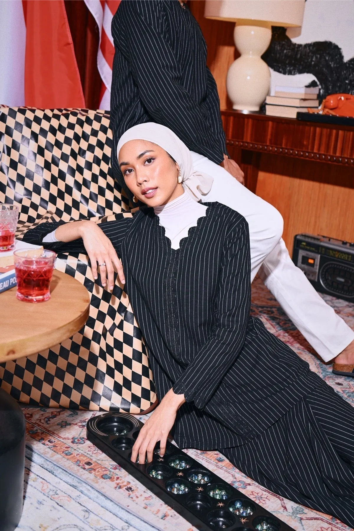 The Congkak Women Folded Skirt - Black Stripe