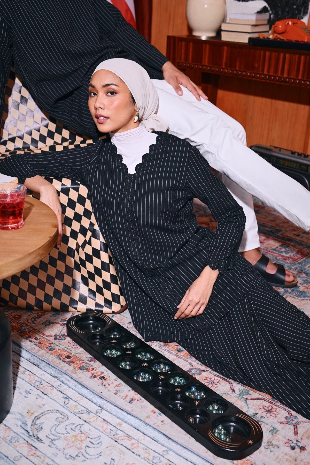 The Congkak Women Folded Skirt - Black Stripe