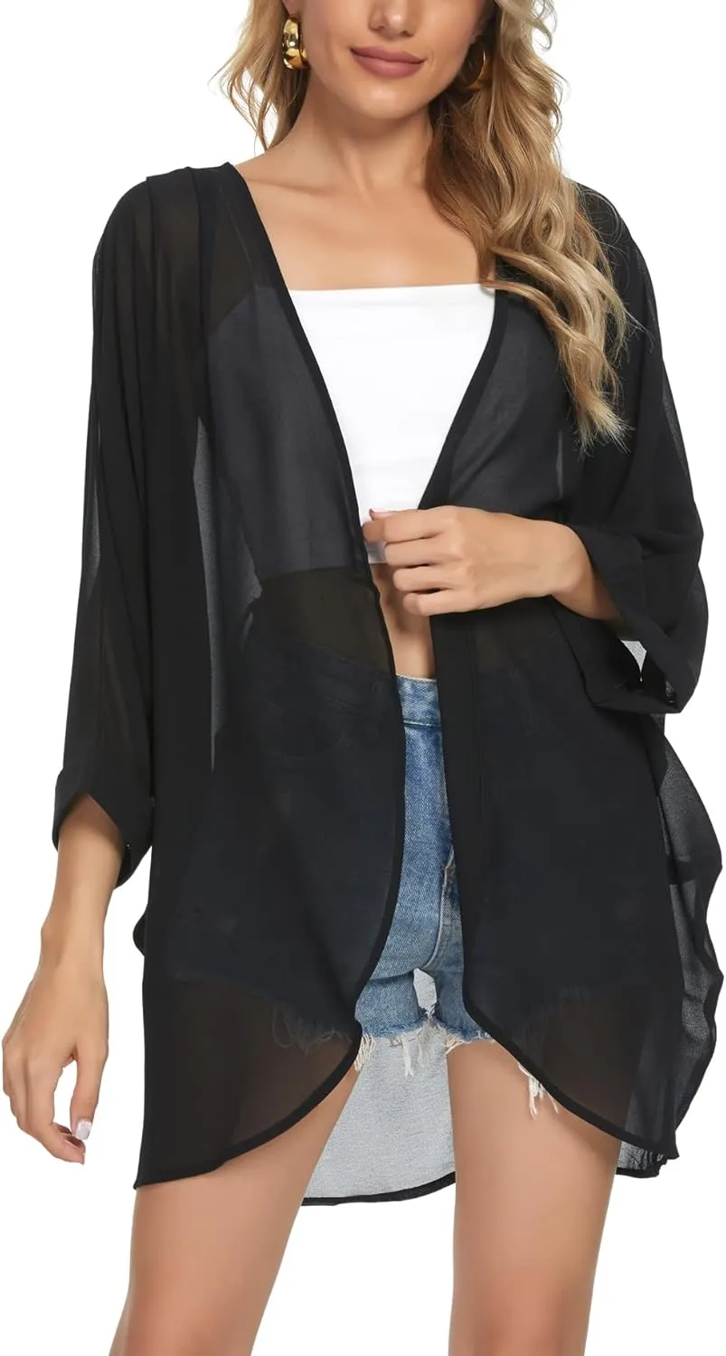 Tribear Women Chiffon Kimono Cardigan Floral Printed Bat Sleeve Casual Capes Beach Cover up