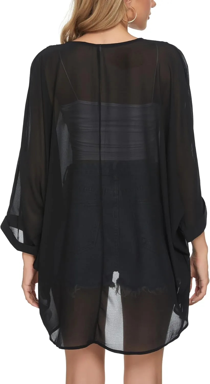 Tribear Women Chiffon Kimono Cardigan Floral Printed Bat Sleeve Casual Capes Beach Cover up